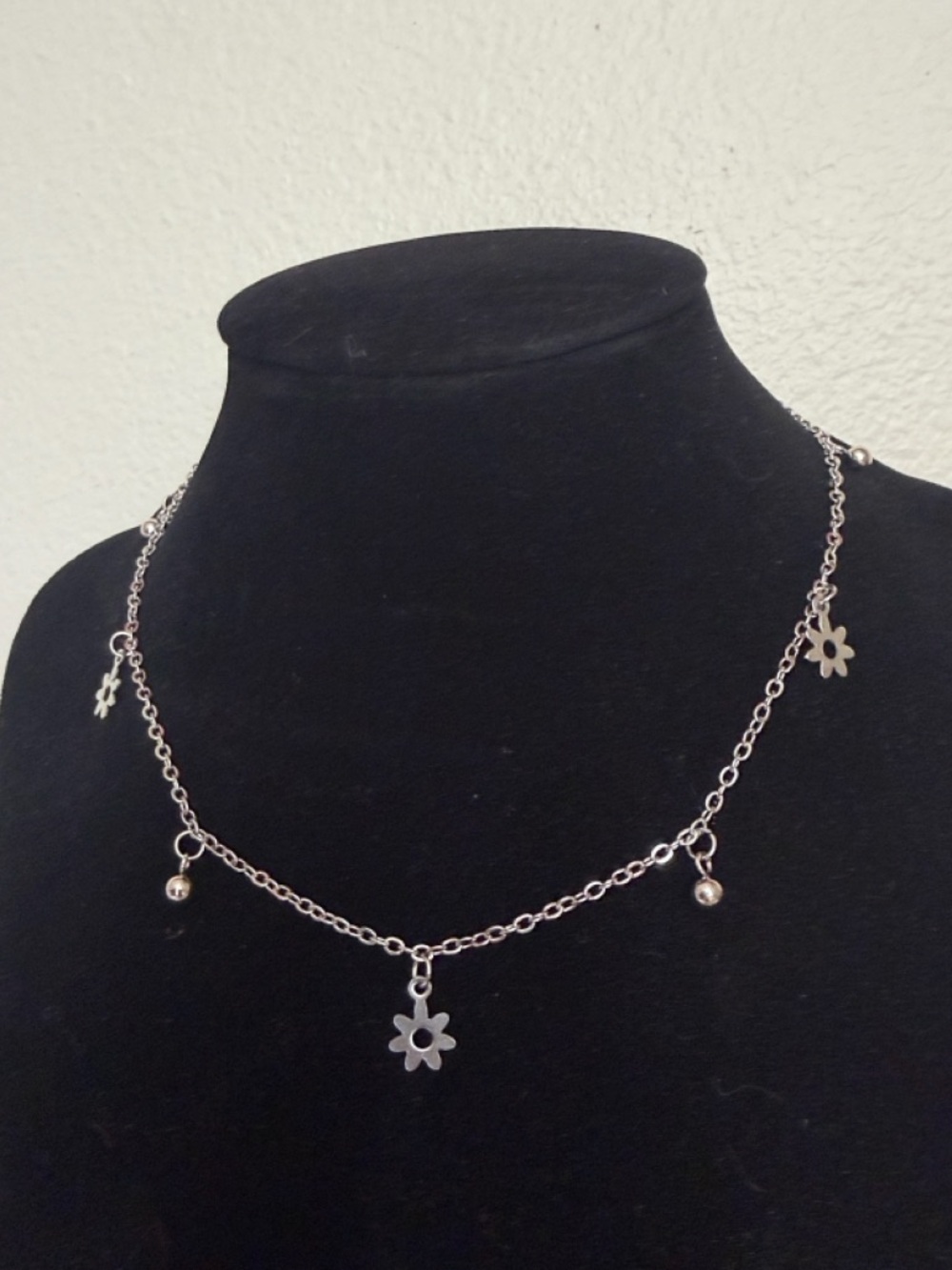Stainless Steel Flower Charm Necklace - Delicate Daisy and Ball Pendant